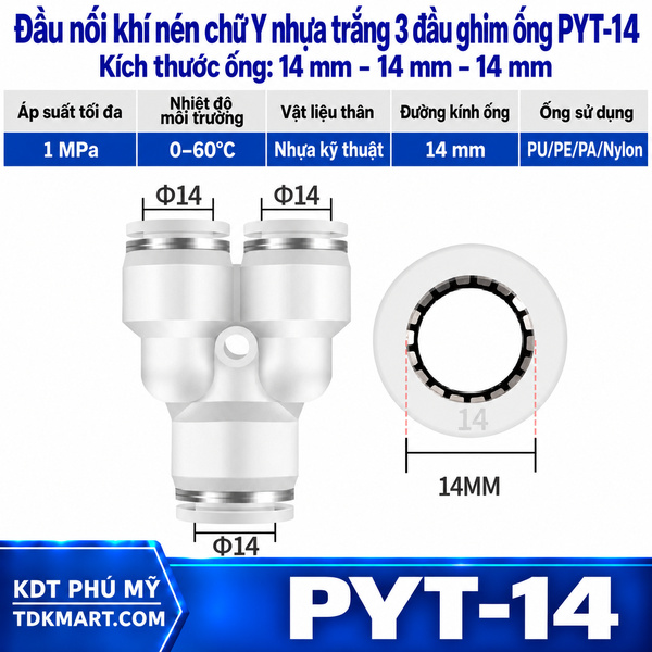 Đầu nối khí nén chữ Y nhựa trắng 3 đầu ghim ống 14 mm