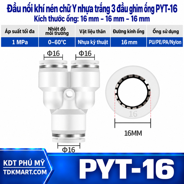 Đầu nối khí nén chữ Y nhựa trắng 3 đầu ghim ống 16 mm