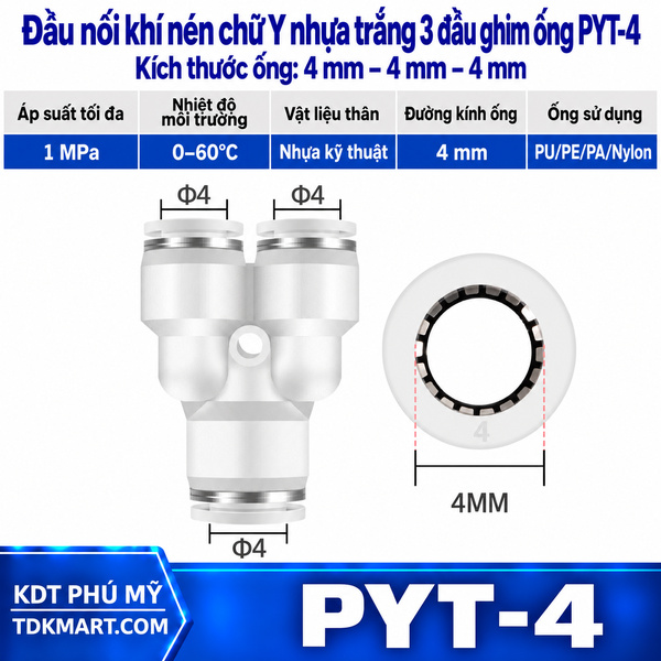 Đầu nối khí nén chữ Y nhựa trắng 3 đầu ghim ống 4 mm