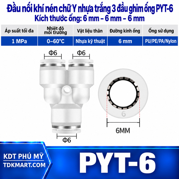 Đầu nối khí nén chữ Y nhựa trắng 3 đầu ghim ống 6 mm