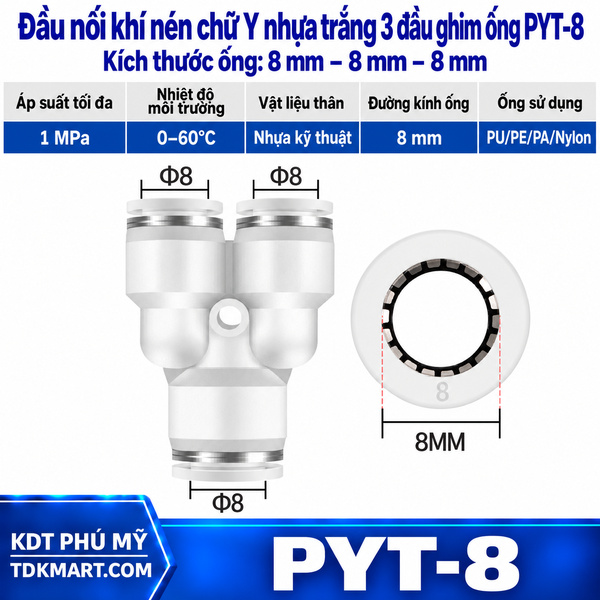 Đầu nối khí nén chữ Y nhựa trắng 3 đầu ghim ống 8 mm