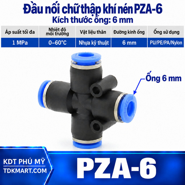 Đầu nối chữ thập khí nén ống 6 mm