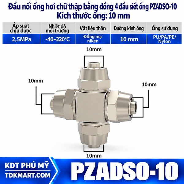 Đầu nối ống hơi ngã 4 bằng đồng 4 đầu siết ống 10 mm