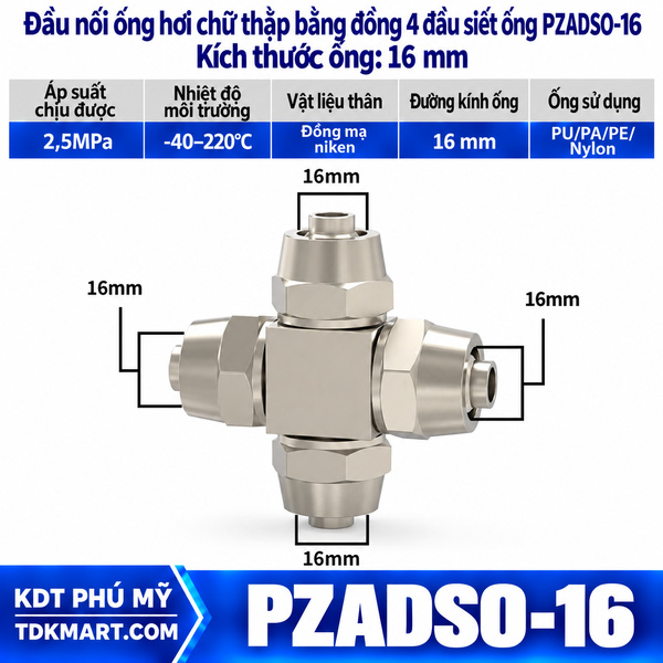 Đầu nối ống hơi ngã 4 bằng đồng 4 đầu siết ống 16 mm