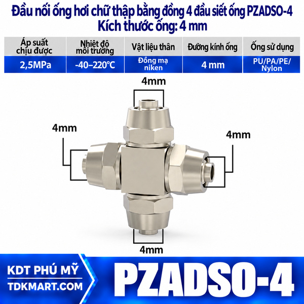 Đầu nối ống hơi ngã 4 bằng đồng 4 đầu siết ống 4 mm
