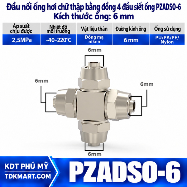Đầu nối ống hơi ngã 4 bằng đồng 4 đầu siết ống 6 mm