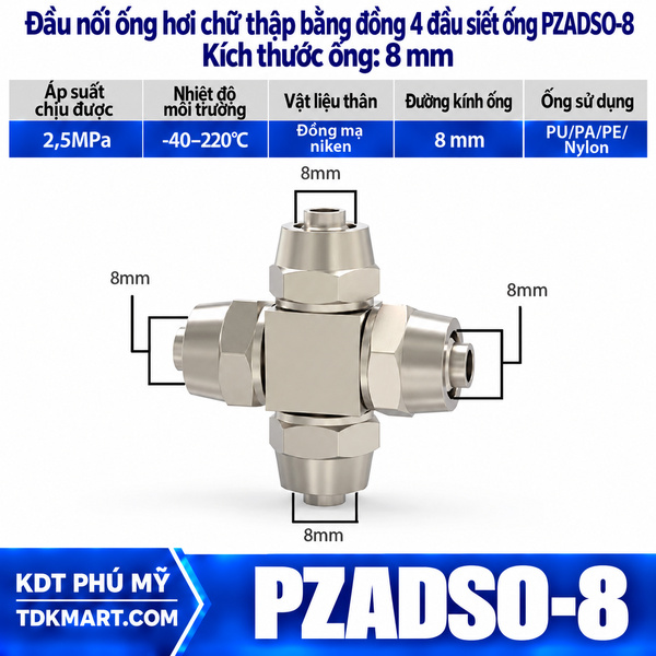 Đầu nối ống hơi ngã 4 bằng đồng 4 đầu siết ống 8 mm