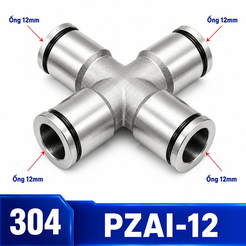 Ngã tư nối nhanh khí nén Inox 304 4 đầu ghim ống 12 mm