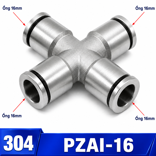 Ngã tư nối nhanh khí nén Inox 304 4 đầu ghim ống 16 mm