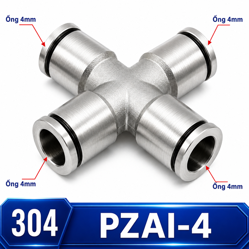 Ngã tư nối nhanh khí nén Inox 304 4 đầu ghim ống 4 mm