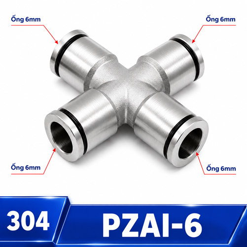 Ngã tư nối nhanh khí nén Inox 304 4 đầu ghim ống 6 mm