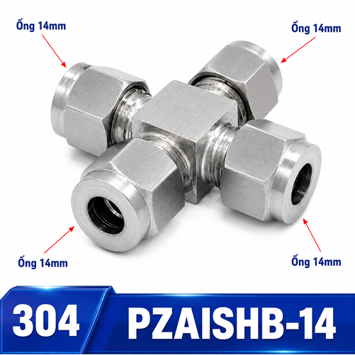 Đầu nối Inox 304 chia 4 ngã 4 đầu siết hạt bắp ống 14 mm