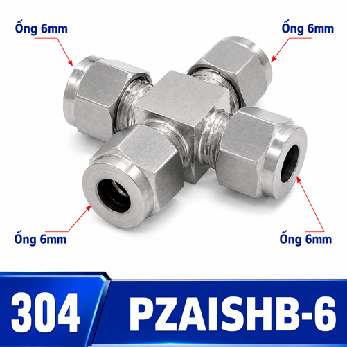 Đầu nối Inox 304 chia 4 ngã 4 đầu siết hạt bắp ống 6 mm