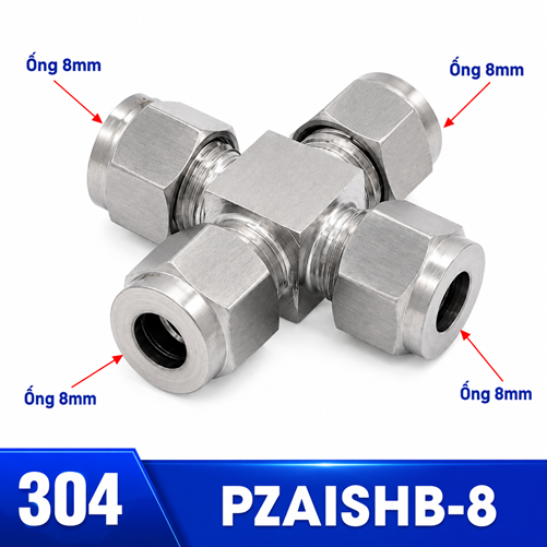 Đầu nối Inox 304 chia 4 ngã 4 đầu siết hạt bắp ống 8 mm