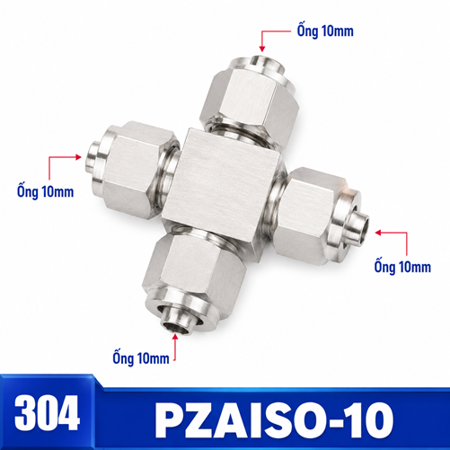 Đầu nối ngã tư Inox 304 4 đầu siết ống 10 mm
