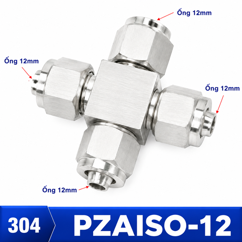 Đầu nối ngã tư Inox 304 4 đầu siết ống 12 mm