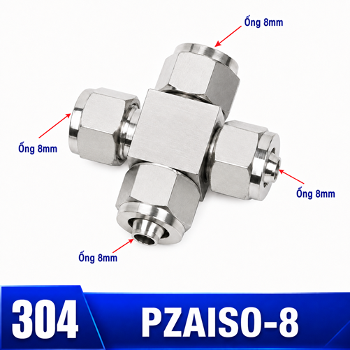 Đầu nối ngã tư Inox 304 4 đầu siết ống 8 mm