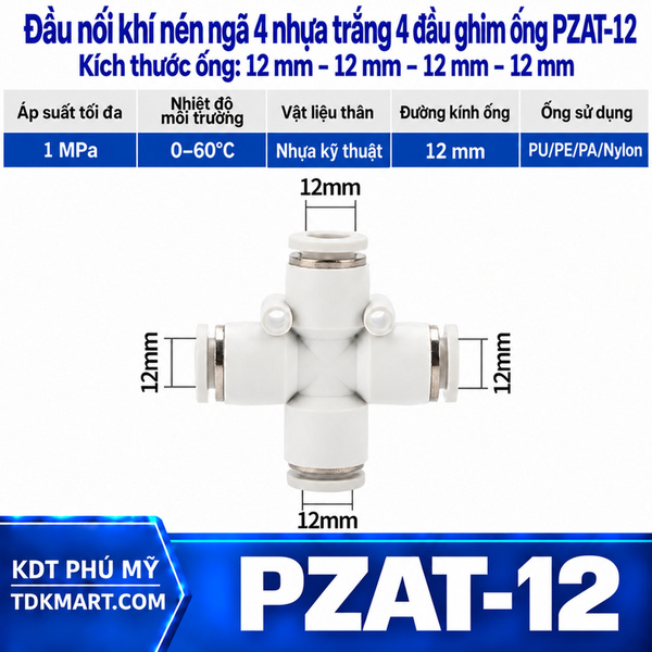Đầu nối khí nén ngã 4 nhựa trắng 4 đầu ghim ống 10 mm