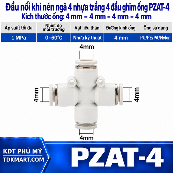 Đầu nối khí nén ngã 4 nhựa trắng 4 đầu ghim ống 4 mm