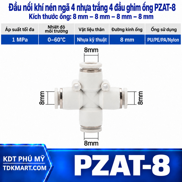 Đầu nối khí nén ngã 4 nhựa trắng 4 đầu ghim ống 8 mm