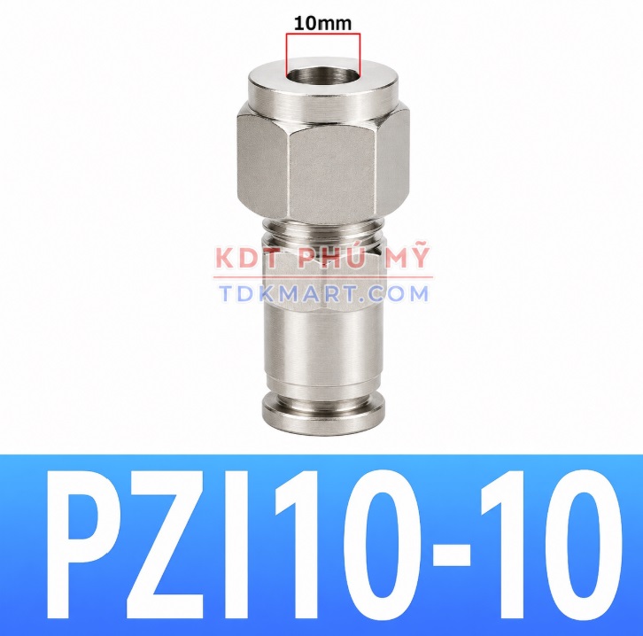 Đầu nối khí nén thép không gỉ 304 có 1 đầu ghim ống 10 và 1 đầu siết hạt bắp ống 10