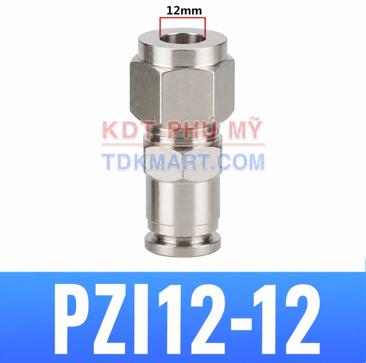 Đầu nối khí nén thép không gỉ 304 có 1 đầu ghim ống 12 và 1 đầu siết hạt bắp ống 12