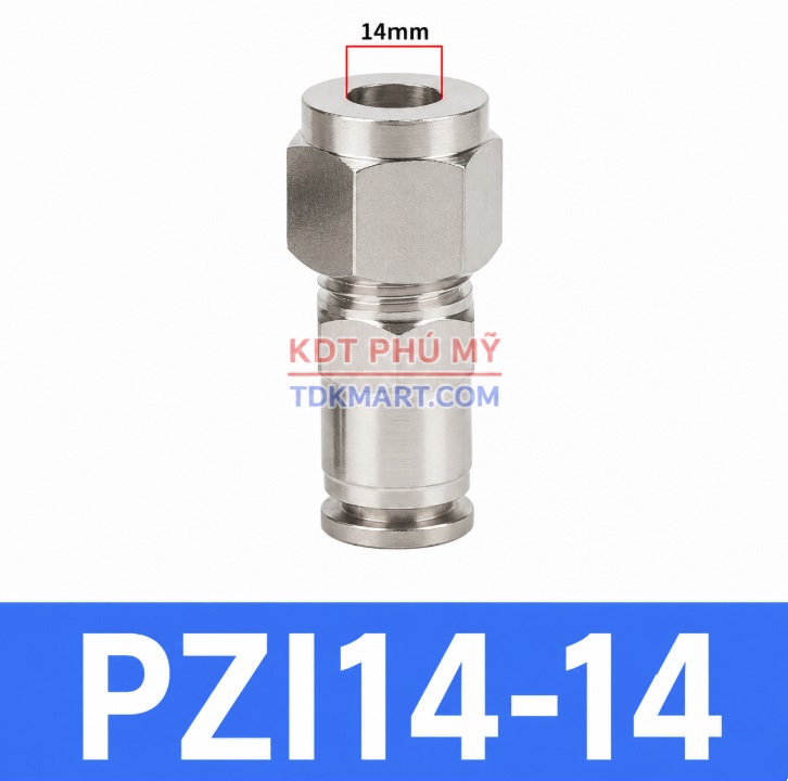 Đầu nối khí nén thép không gỉ 304 có 1 đầu ghim ống 14 và 1 đầu siết hạt bắp ống 14