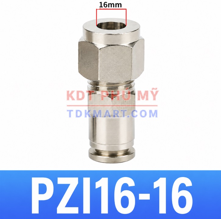 Đầu nối khí nén thép không gỉ 304 có 1 đầu ghim ống 16 và 1 đầu siết hạt bắp ống 16