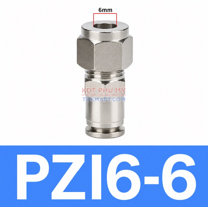 Đầu nối khí nén thép không gỉ 304 có 1 đầu ghim ống 6 và 1 đầu siết hạt bắp ống 6