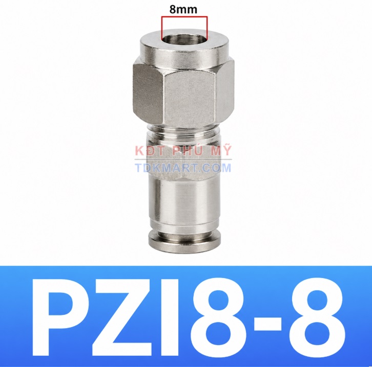 Đầu nối khí nén thép không gỉ 304 có 1 đầu ghim ống 8 và 1 đầu siết hạt bắp ống 8