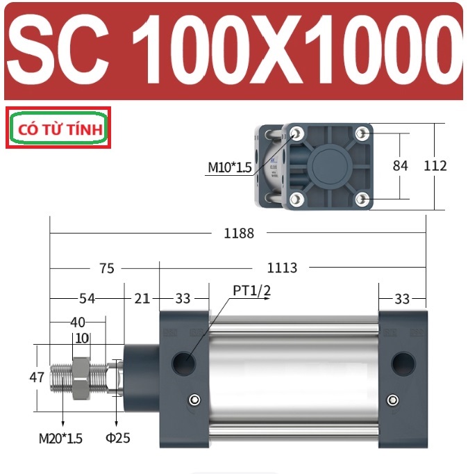 Xi lanh khí nén vuông SC100X1000-S