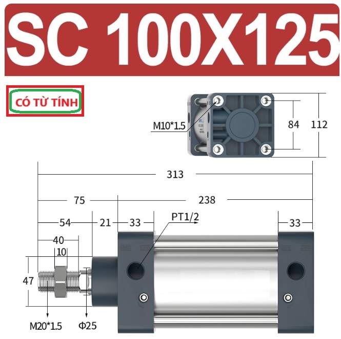 Xi lanh khí nén vuông SC100X125-S