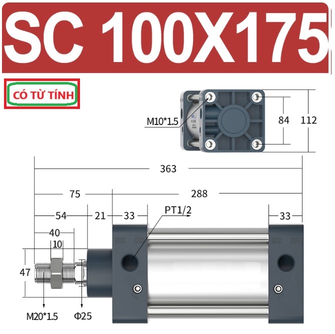 Xi lanh khí nén vuông SC100X175-S