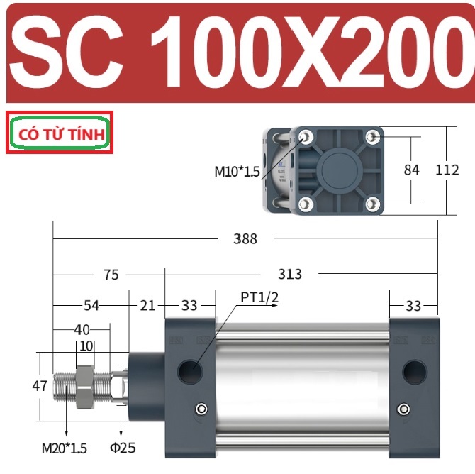 Xi lanh khí nén vuông SC100X200-S