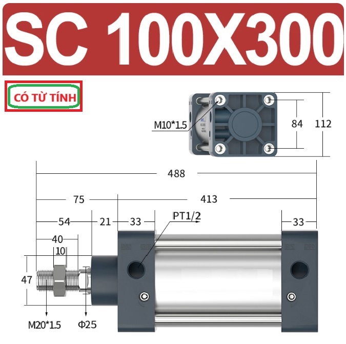 Xi lanh khí nén vuông SC100X300-S