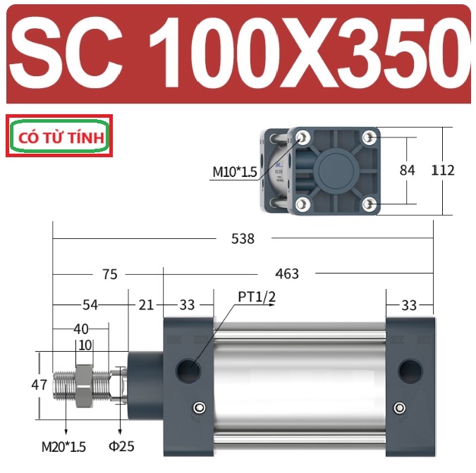 Xi lanh khí nén vuông SC100X350-S