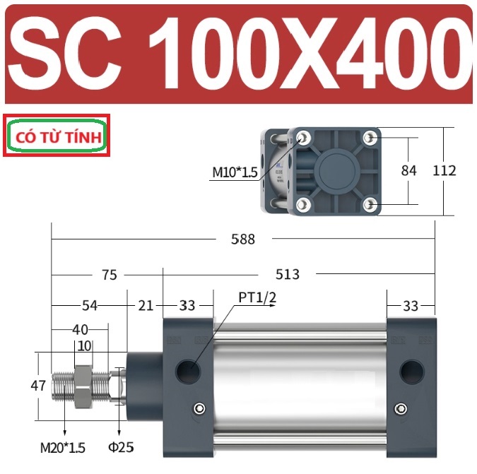 Xi lanh khí nén vuông SC100X400-S