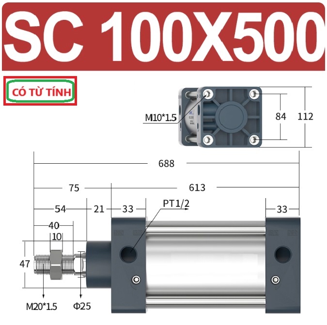 Xi lanh khí nén vuông SC100X500-S