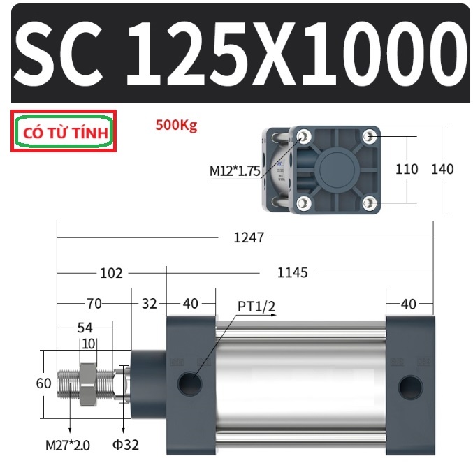 Xi lanh khí nén vuông SC125X1000-S