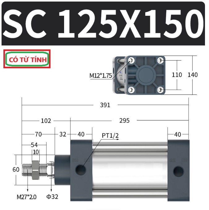 Xi lanh khí nén vuông SC125X150-S