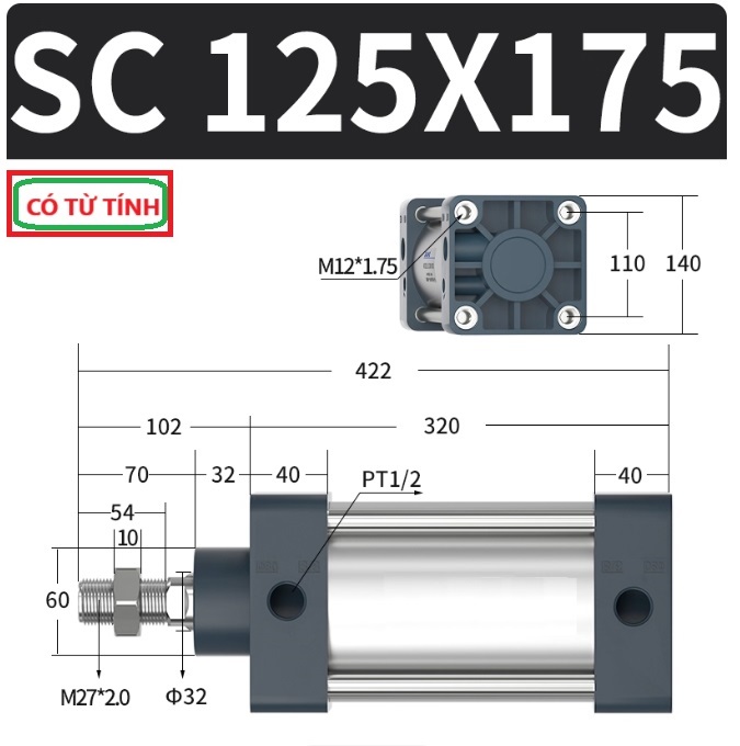 Xi lanh khí nén vuông SC125X175-S