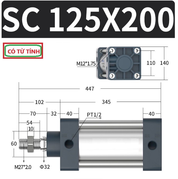 Xi lanh khí nén vuông SC125X200-S