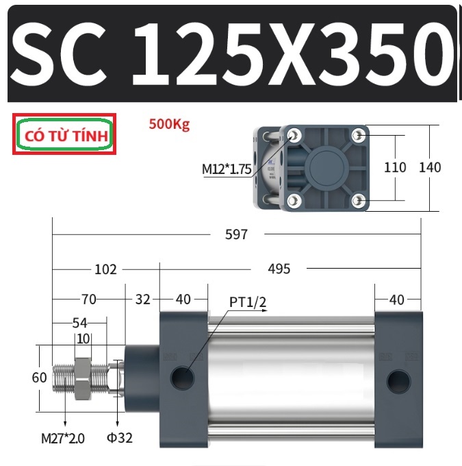 Xi lanh khí nén vuông SC125X350-S