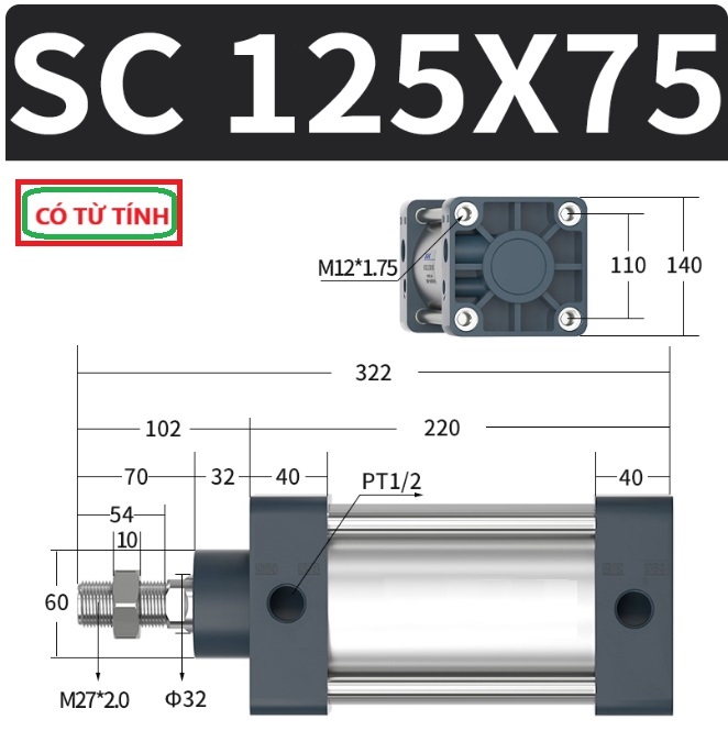 Xi lanh khí nén vuông SC125X75-S