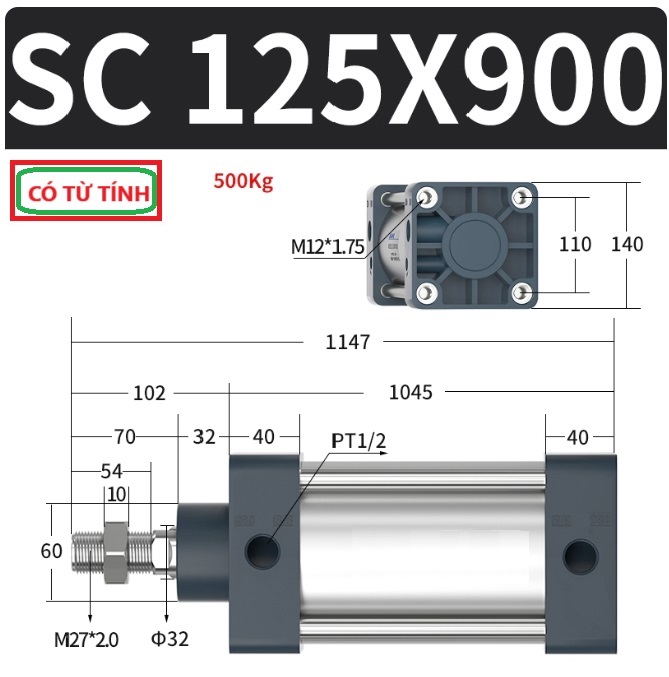 Xi lanh khí nén vuông SC125X900-S