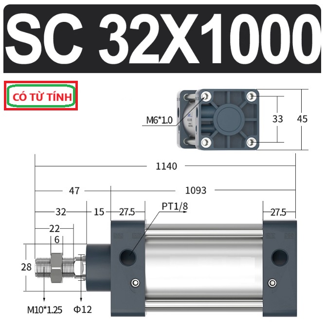 Xi lanh khí nén vuông SC32X1000-S