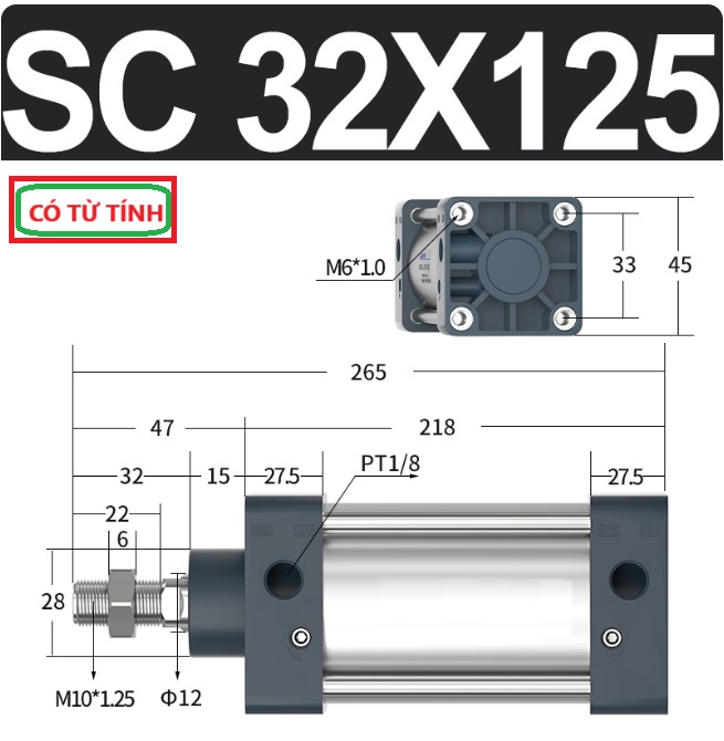 Xi lanh khí nén vuông SC32X125-S