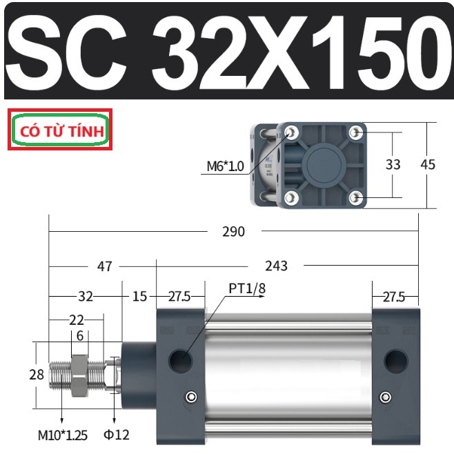 Xi lanh khí nén vuông SC32X150-S