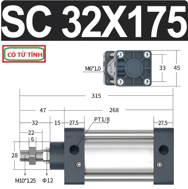 Xi lanh khí nén vuông SC32X175-S