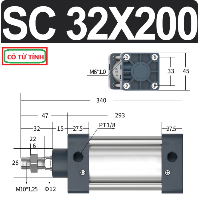 Xi lanh khí nén vuông SC32X200-S